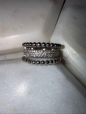 Sterling Silver Pavé & Beaded Stacking Ring - Silver